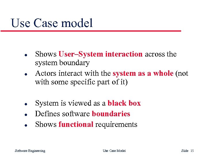 Use Case model l l Shows User–System interaction across the system boundary Actors interact