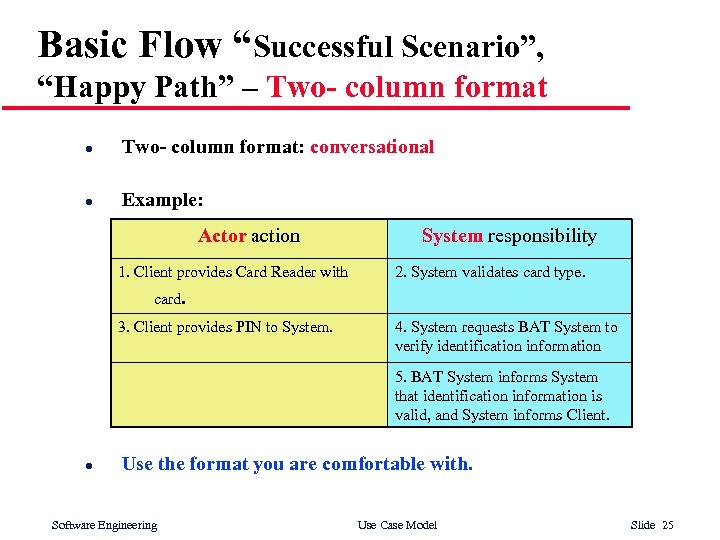 Basic Flow “Successful Scenario”, “Happy Path” – Two- column format l Two- column format: