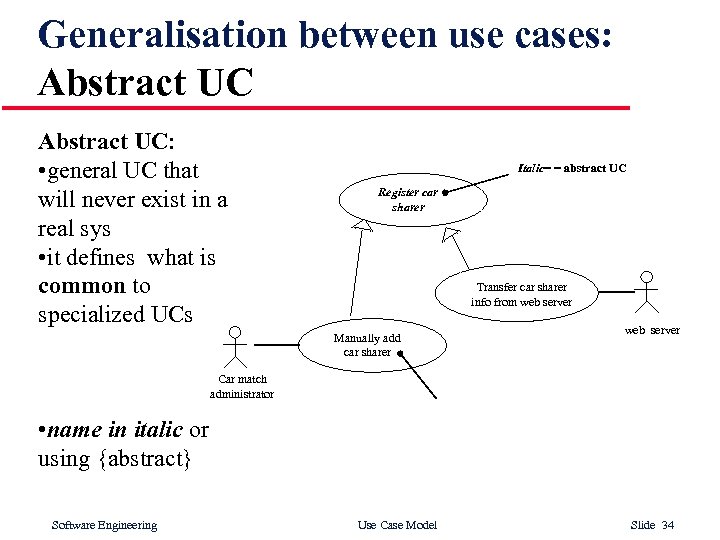 Generalisation between use cases: Abstract UC: • general UC that will never exist in