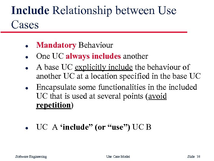 Include Relationship between Use Cases l l l Mandatory Behaviour One UC always includes