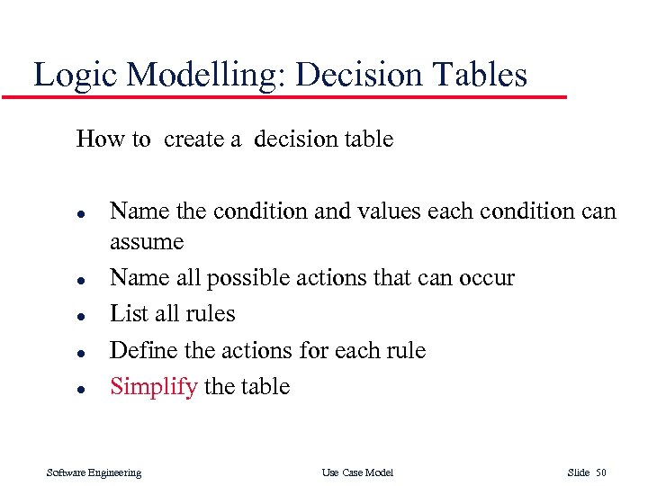 Logic Modelling: Decision Tables How to create a decision table l l l Name