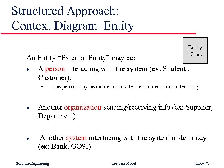 Structured Approach: Context Diagram Entity Name An Entity “External Entity” may be: l A