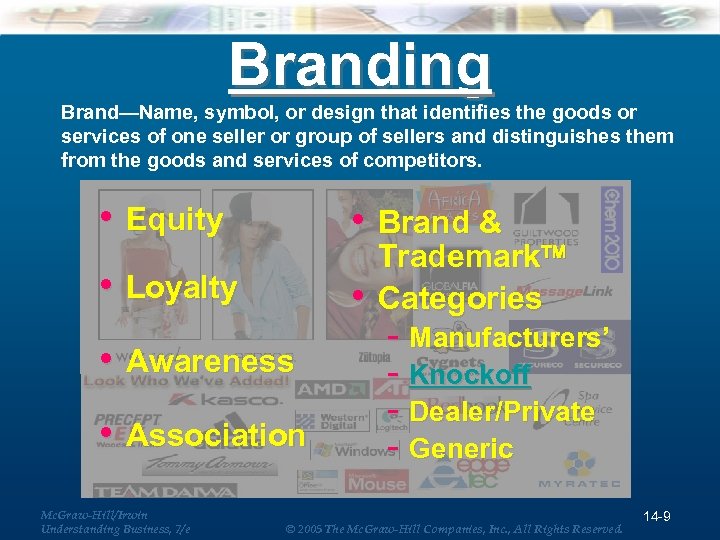 Branding Brand—Name, symbol, or design that identifies the goods or services of one seller