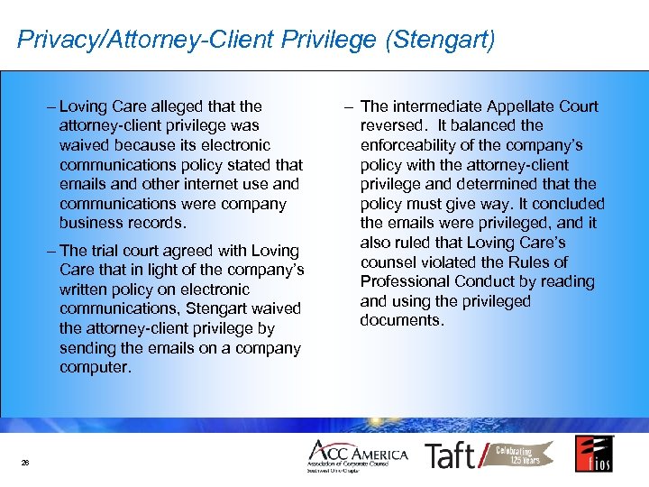 Privacy/Attorney-Client Privilege (Stengart) – Loving Care alleged that the attorney-client privilege was waived because