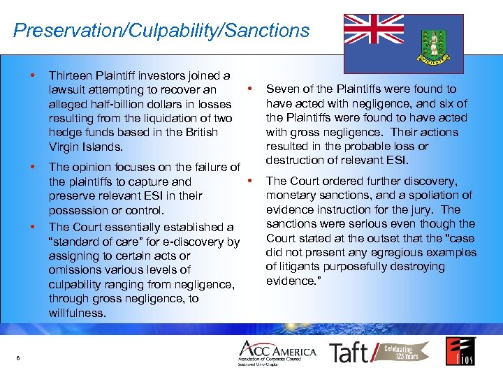 Preservation/Culpability/Sanctions • • • 6 Thirteen Plaintiff investors joined a lawsuit attempting to recover