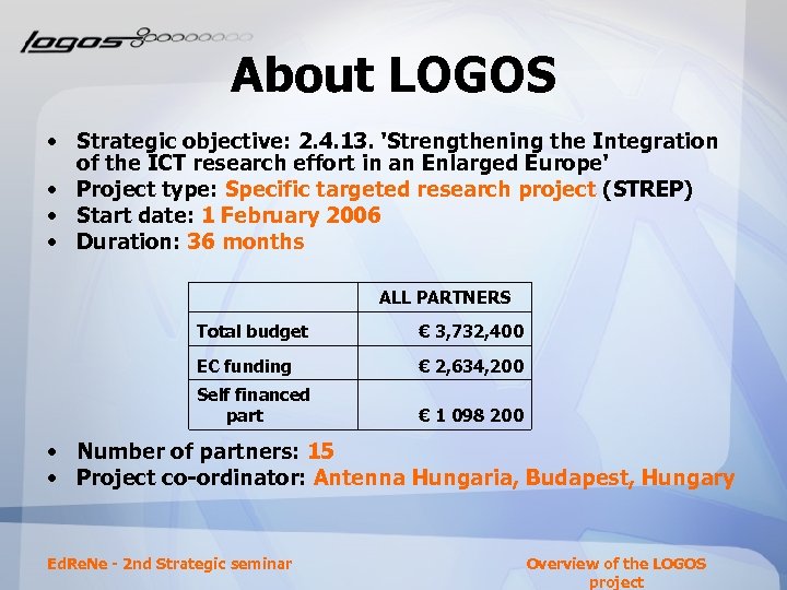 About LOGOS • Strategic objective: 2. 4. 13. 'Strengthening the Integration of the ICT