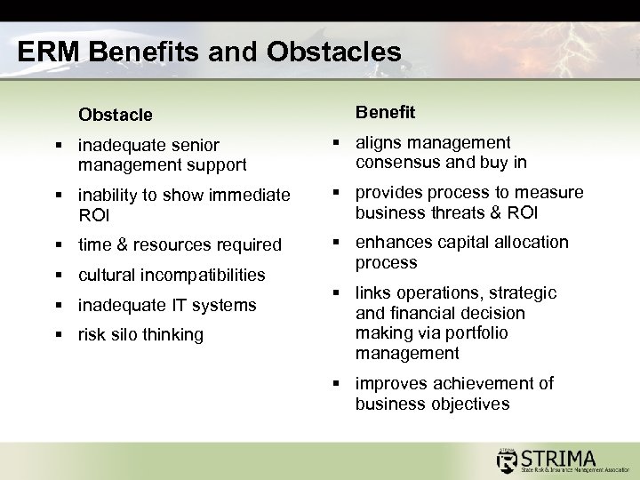 ERM Benefits and Obstacles Obstacle Benefit § inadequate senior management support § aligns management