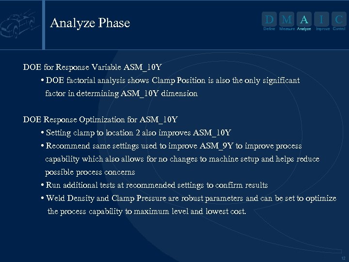 Analyze Phase D M A I Define Measure Analyze C Improve Control DOE for