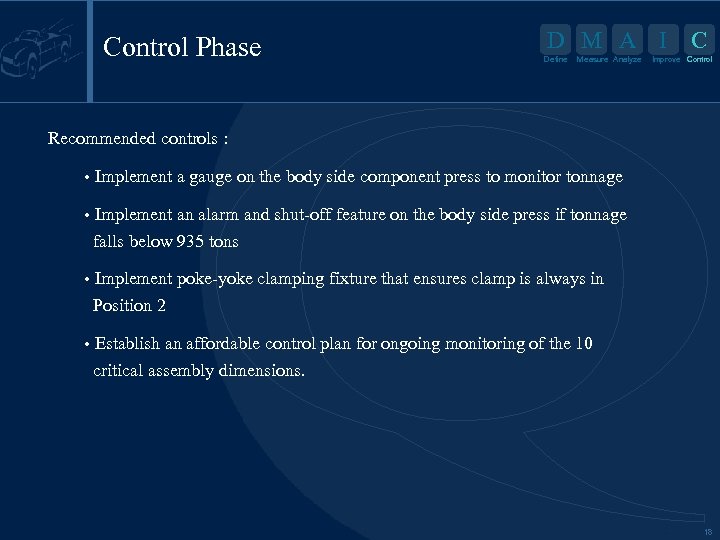 Control Phase D M A I Define Measure Analyze C Improve Control Recommended controls