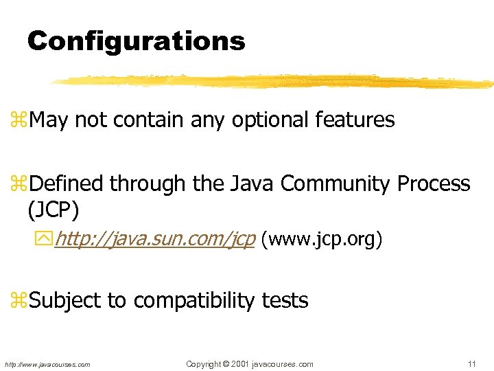 Configurations z. May not contain any optional features z. Defined through the Java Community