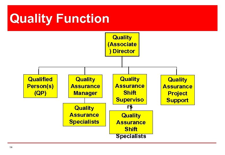 Quality Function Quality (Associate ) Director Qualified Person(s) (QP) Quality Assurance Manager Quality Assurance
