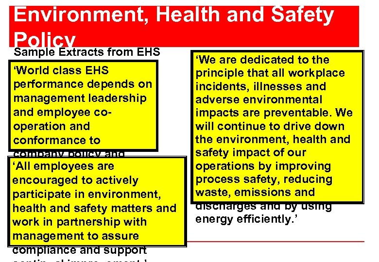 Environment, Health and Safety Policy from EHS Sample Extracts Policy ‘World class EHS performance