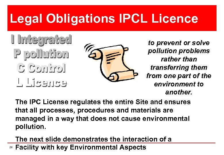 Legal Obligations IPCL Licence to prevent or solve pollution problems rather than transferring them
