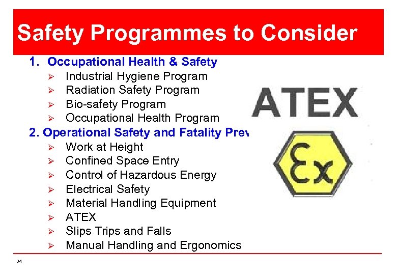 Safety Programmes to Consider 1. Occupational Health & Safety Industrial Hygiene Program Ø Radiation