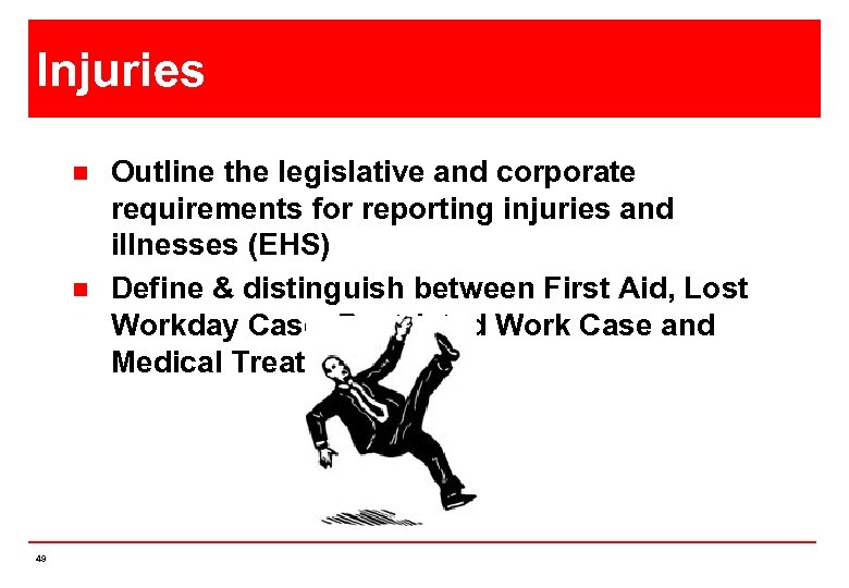 Injuries n n 49 Outline the legislative and corporate requirements for reporting injuries and