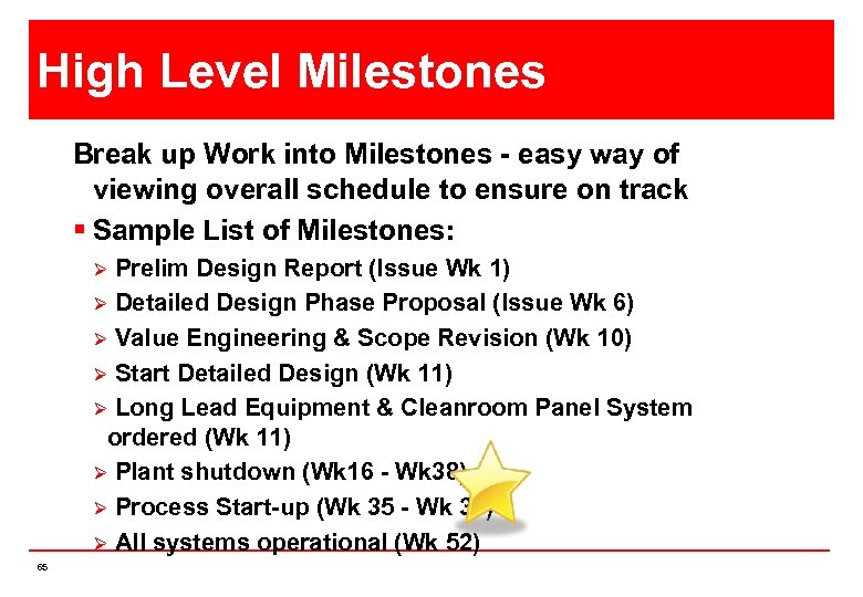 High Level Milestones Break up Work into Milestones - easy way of viewing overall