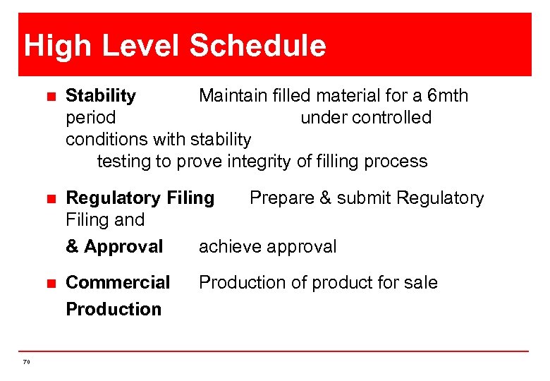 High Level Schedule n n Regulatory Filing Prepare & submit Regulatory Filing and &