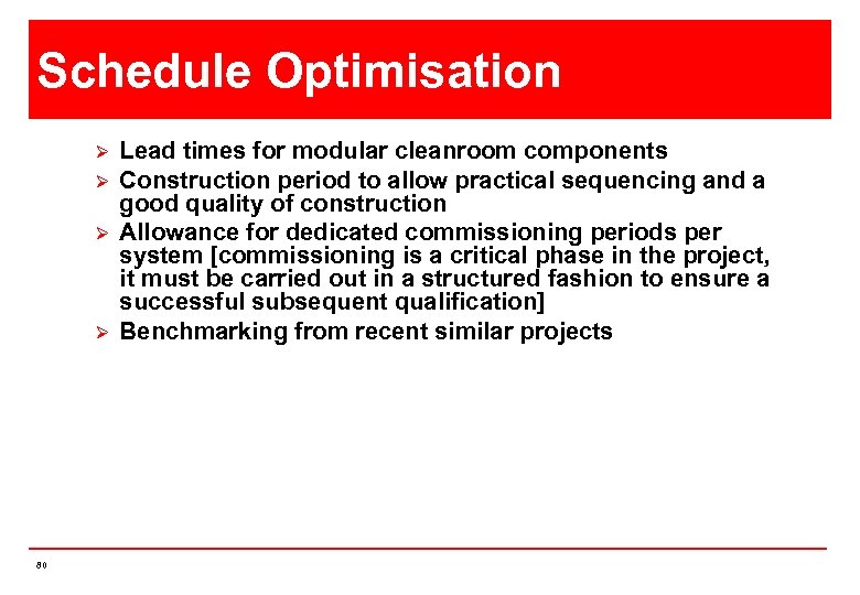 Schedule Optimisation Ø Ø 80 Lead times for modular cleanroom components Construction period to