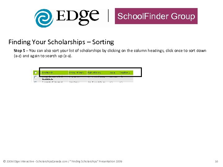 School. Finder Group Finding Your Scholarships – Sorting Step 5 – You can also