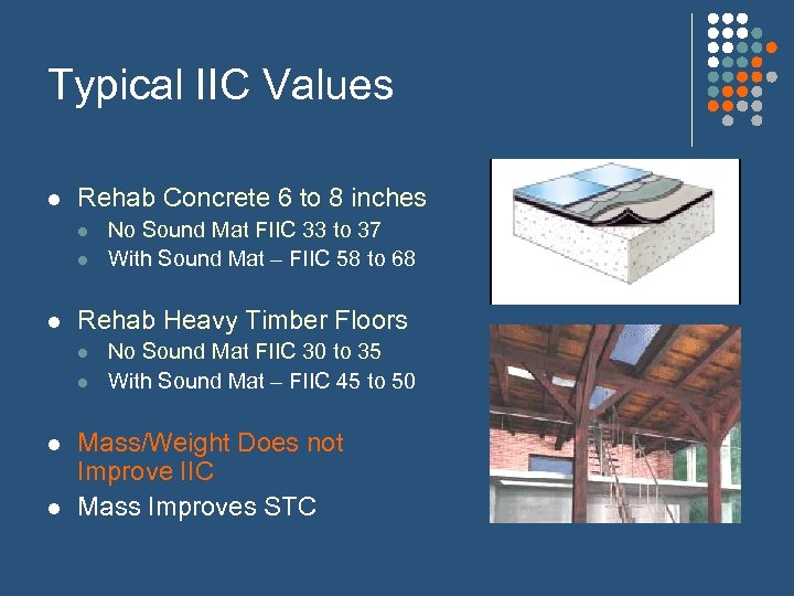 Typical IIC Values l Rehab Concrete 6 to 8 inches l l l Rehab