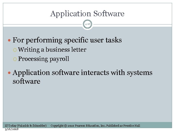 Application Software 4 -28 For performing specific user tasks Writing a business letter Processing