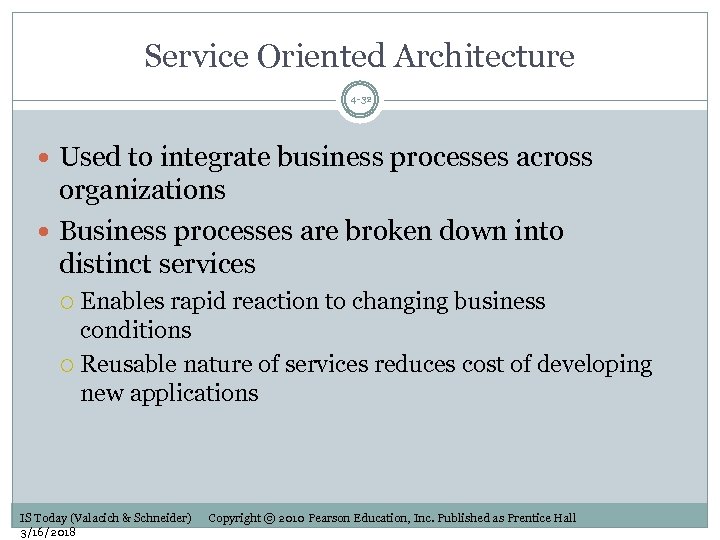 Service Oriented Architecture 4 -32 Used to integrate business processes across organizations Business processes