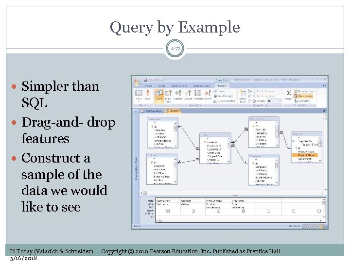 Query by Example 4 -72 Simpler than SQL Drag-and- drop features Construct a sample