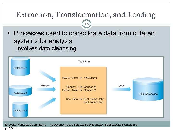 Extraction, Transformation, and Loading 4 -76 • Processes used to consolidate data from different