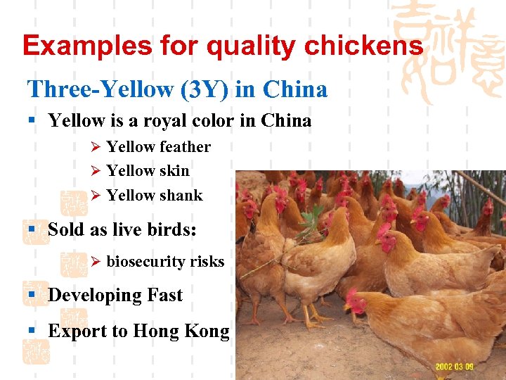 Examples for quality chickens Three-Yellow (3 Y) in China § Yellow is a royal