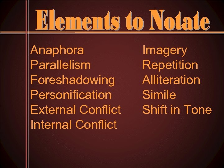 Anaphora Parallelism Foreshadowing Personification External Conflict Internal Conflict Imagery Repetition Alliteration Simile Shift in