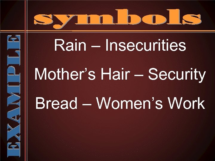 Rain – Insecurities Mother’s Hair – Security Bread – Women’s Work 