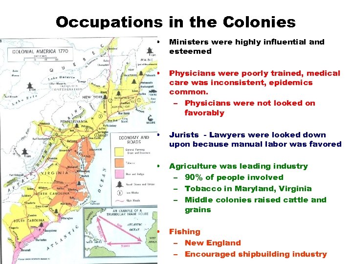 Occupations in the Colonies • Ministers were highly influential and esteemed • Physicians were