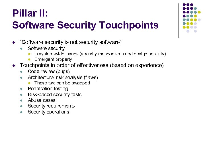 Pillar II: Software Security Touchpoints l “Software security is not security software” l Software