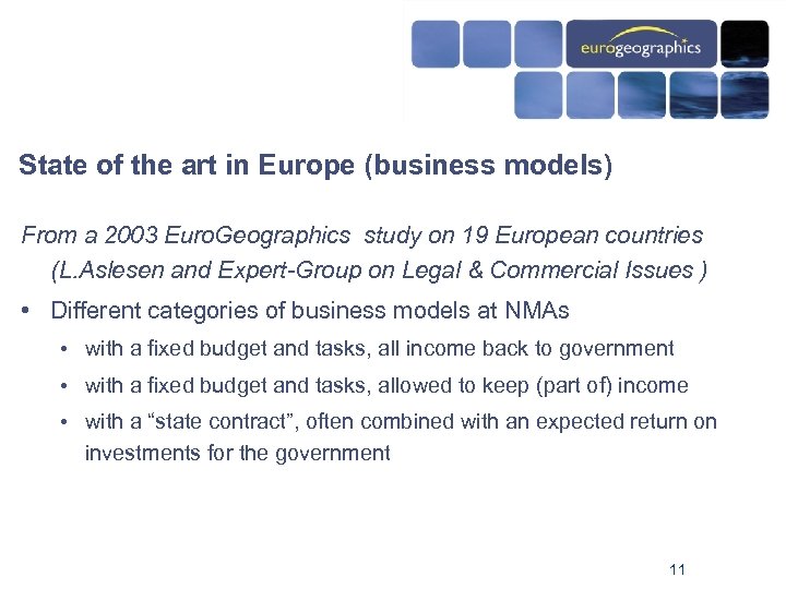 State of the art in Europe (business models) From a 2003 Euro. Geographics study