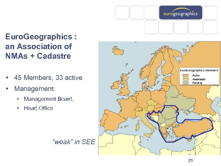 Euro. Geographics : an Association of NMAs + Cadastre • 45 Members, 33 active