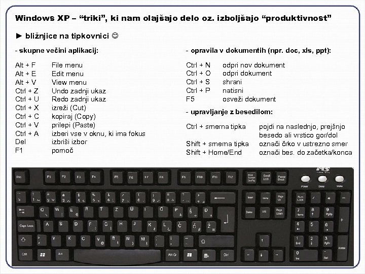 Windows XP – “triki”, ki nam olajšajo delo oz. izboljšajo “produktivnost” ► bližnjice na