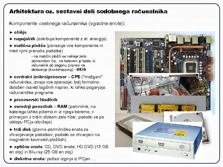 Arhitektura oz. sestavni deli sodobnega računalnika Komponente osebnega računalnika (vgradne enote): ► ohišje ►