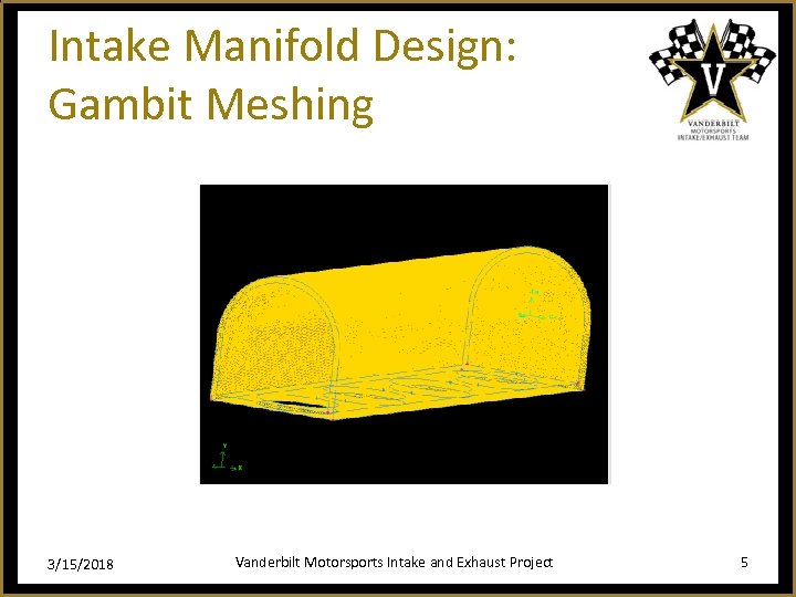 Intake Manifold Design: Gambit Meshing 3/15/2018 Vanderbilt Motorsports Intake and Exhaust Project 5 