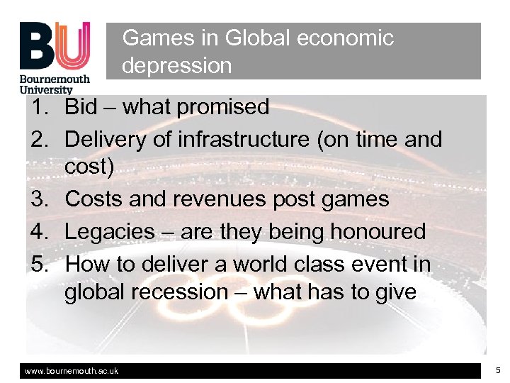 Games in Global economic depression 1. Bid – what promised 2. Delivery of infrastructure