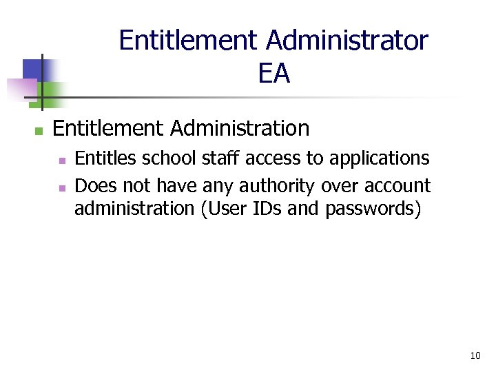 Entitlement Administrator EA n Entitlement Administration n n Entitles school staff access to applications
