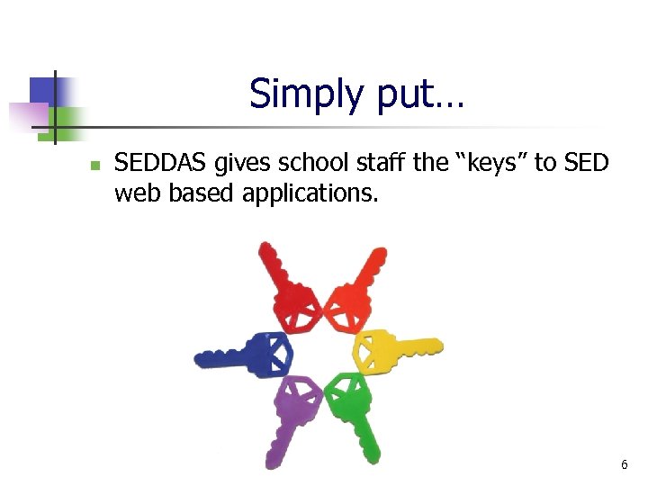 Simply put… n SEDDAS gives school staff the “keys” to SED web based applications.