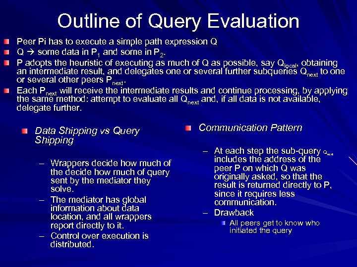 Outline of Query Evaluation Peer Pi has to execute a simple path expression Q