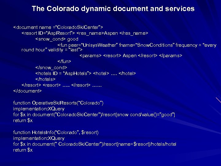 The Colorado dynamic document and services <document name =“Colorado. Ski. Center”> <resort ID=“Asp. Resort”>