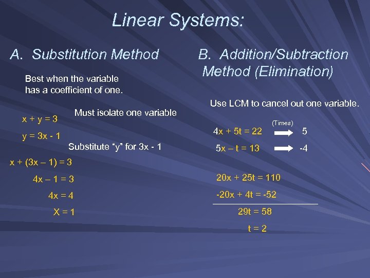 Linear Systems: A. Substitution Method Best when the variable has a coefficient of one.