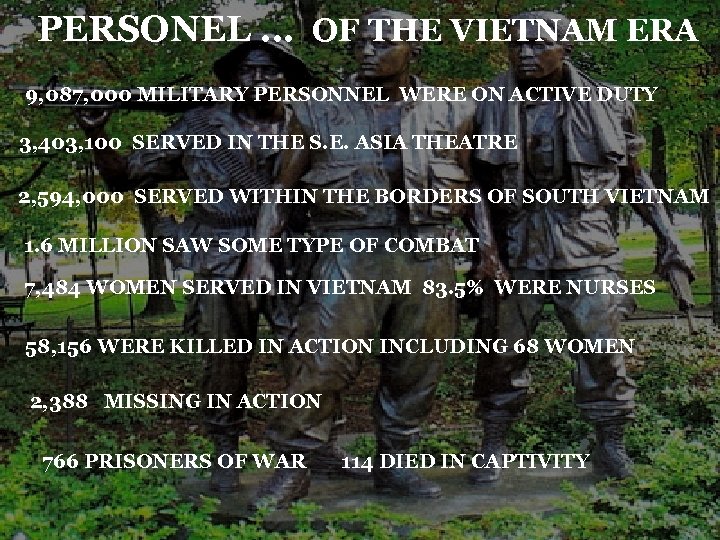 PERSONEL … OF THE VIETNAM ERA 9, 087, 000 MILITARY PERSONNEL WERE ON ACTIVE