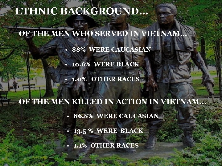 ETHNIC BACKGROUND… OF THE MEN WHO SERVED IN VIETNAM… • 88% WERE CAUCASIAN •