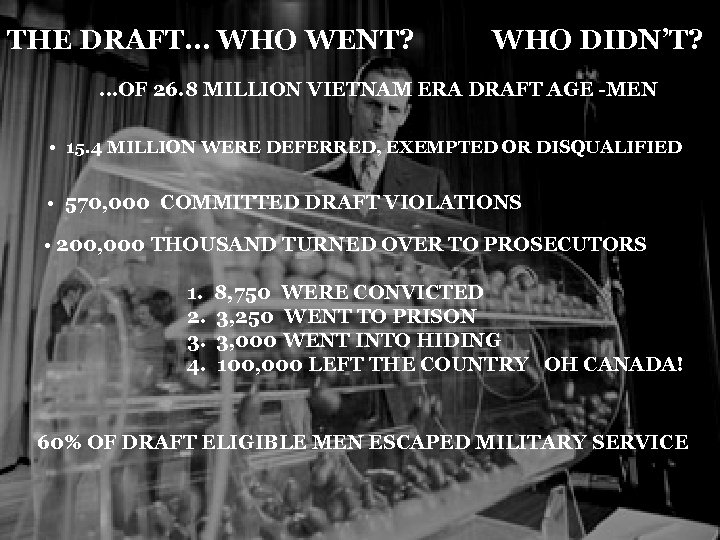 THE DRAFT… WHO WENT? WHO DIDN’T? …OF 26. 8 MILLION VIETNAM ERA DRAFT AGE