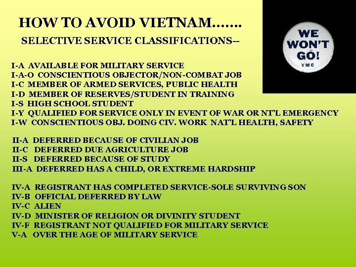 HOW TO AVOID VIETNAM……. SELECTIVE SERVICE CLASSIFICATIONS-I-A AVAILABLE FOR MILITARY SERVICE I-A-O CONSCIENTIOUS OBJECTOR/NON-COMBAT