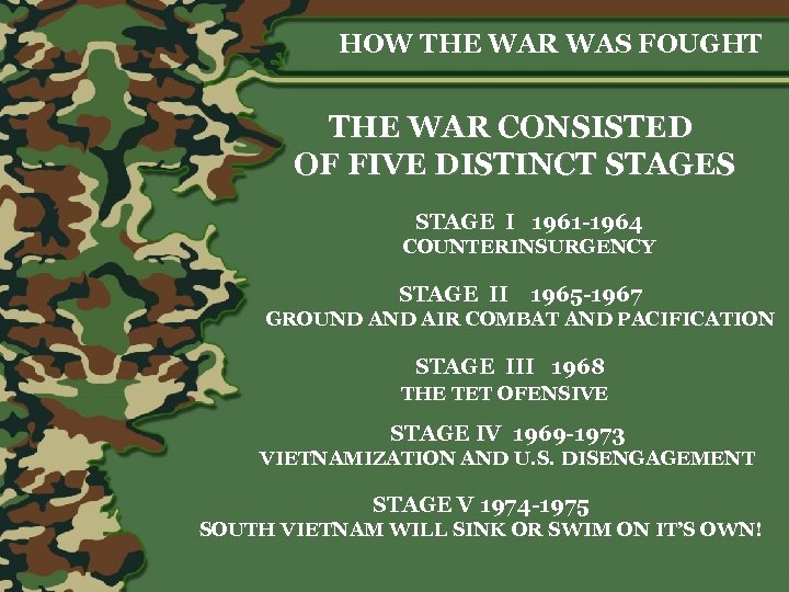 HOW THE WAR WAS FOUGHT THE WAR CONSISTED OF FIVE DISTINCT STAGES STAGE I