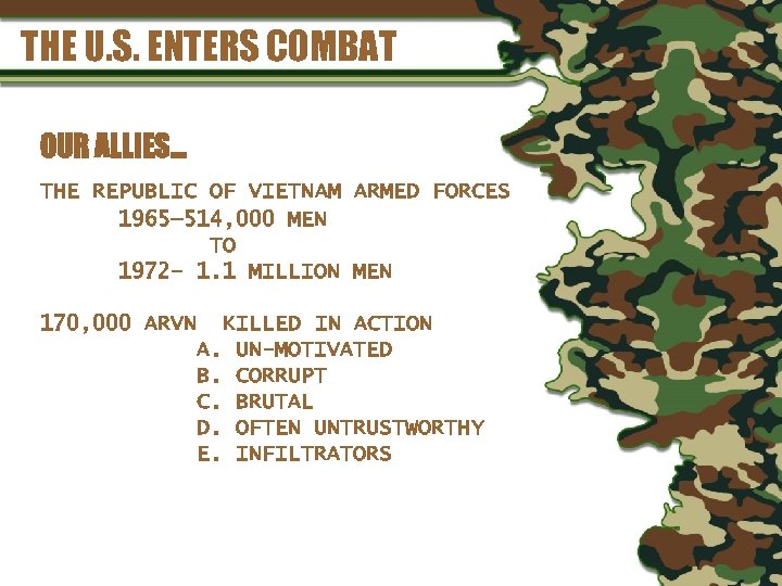 THE U. S. ENTERS COMBAT OUR ALLIES… THE REPUBLIC OF VIETNAM ARMED FORCES 1965—